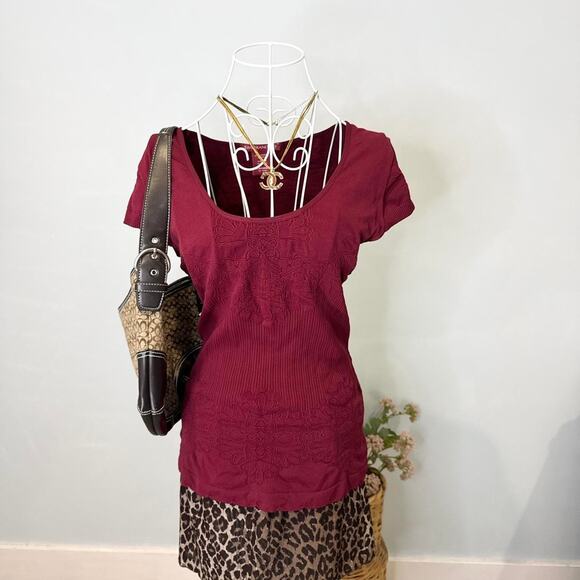 Cute vintage y2k burgundy ruched tight short sleeve top - Picture 2 of 6